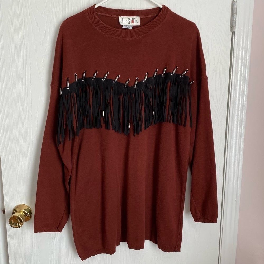 AfterShock Vintage Rust Fringe Crew Neck Sweater Boho Western Size XL